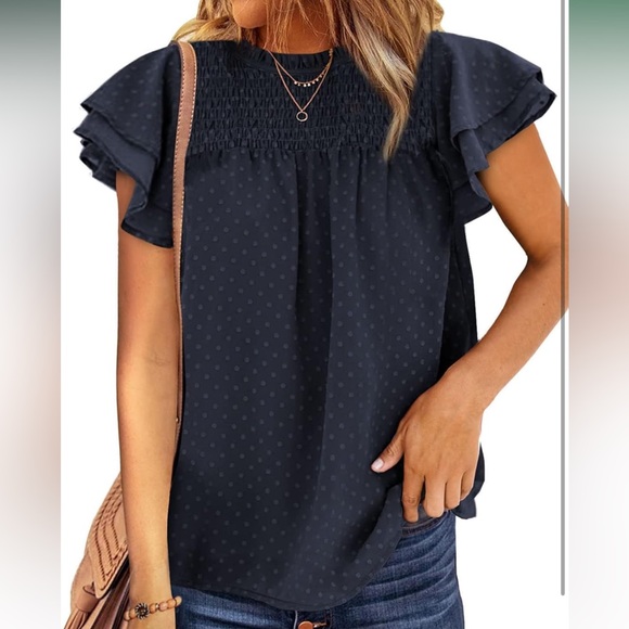 Dokotoo Womens Crewneck Lace Crochet Pom Pom Flowy Short Sleeve Casual Blouse - Picture 4 of 5